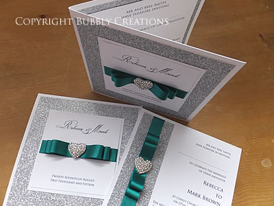 Luxury, Glitter Sparkle Wedding Invitations in Jade Green